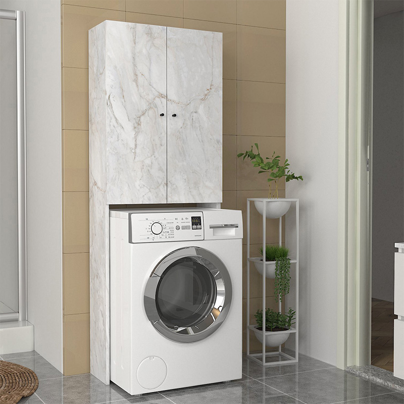 Romme Megapap melamine laundry machine cabinet in white marble color 65x27,1x180cm.