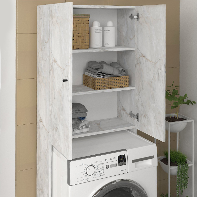Romme Megapap melamine laundry machine cabinet in white marble color 65x27,1x180cm.