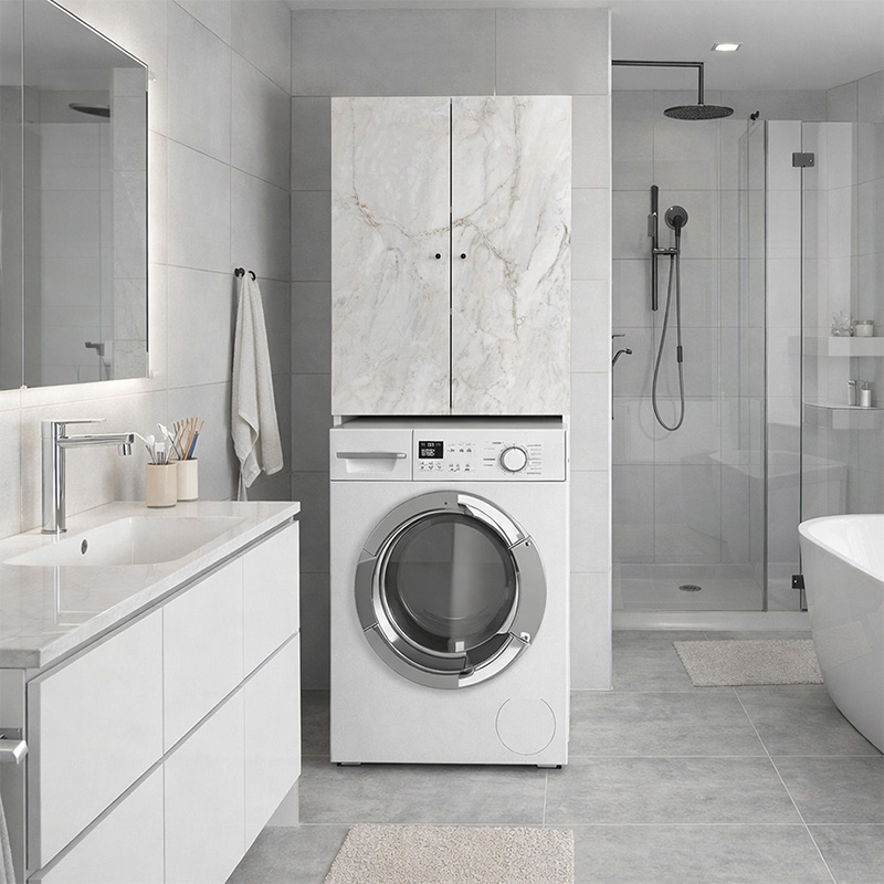 Romme Megapap melamine laundry machine cabinet in white marble color 65x27,1x180cm.