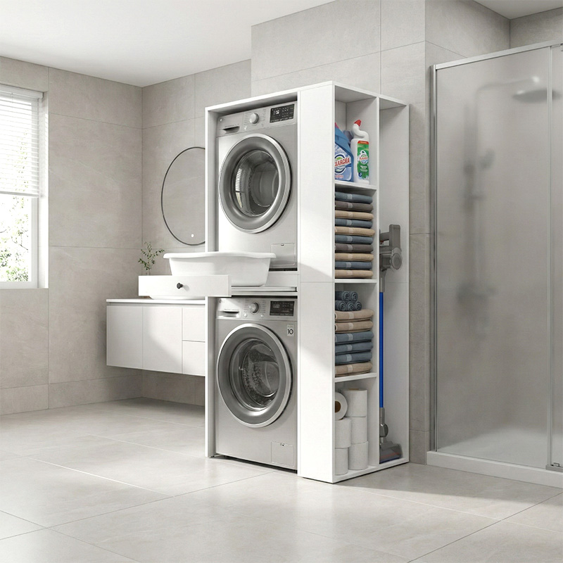 Bace Megapap melamine washing machine and draywer cabinet in white color 90x60x187cm.
