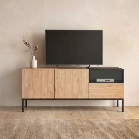 Cailin Megapap melamine tv stand in sepet oak - black wood color 140x41.8x55cm.
