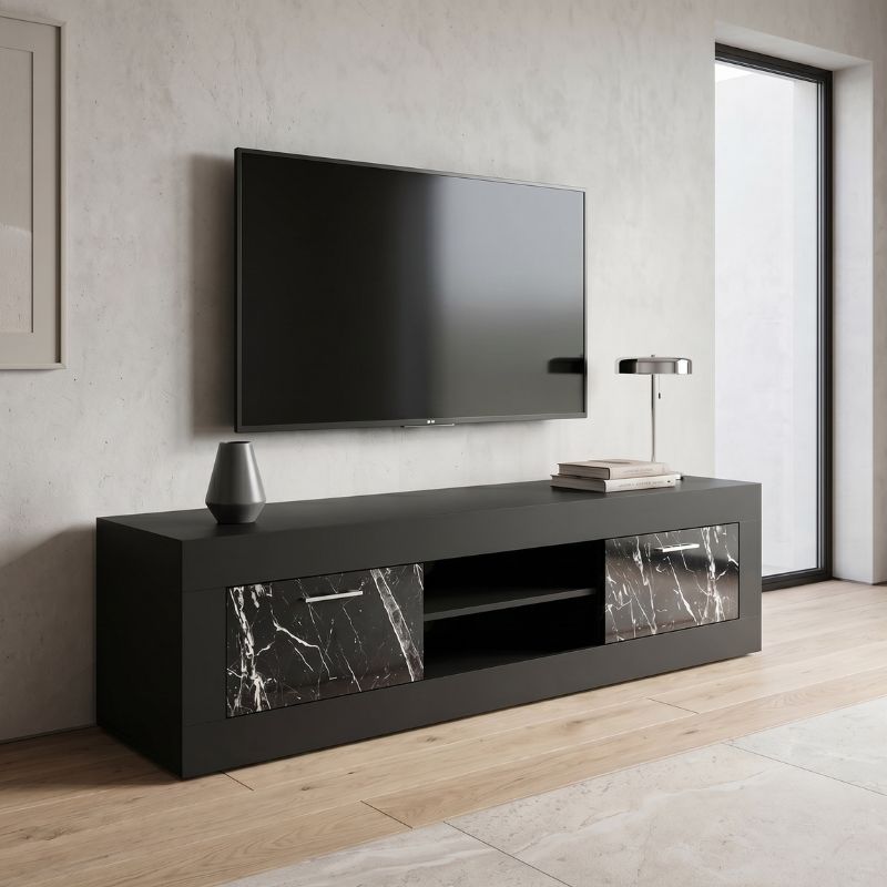 Davin Megapap melamine tv stand in black - black marble effect color 180x40x47cm.