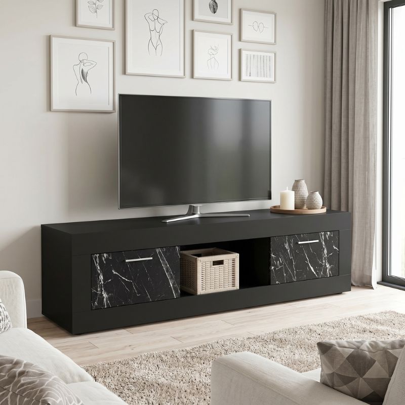 Davin Megapap melamine tv stand in black - black marble effect color 180x40x47cm.