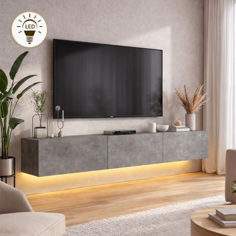 Damla Megapap melamine wall TV cabinet with LED lighting in concrete grey color 180x29.5x29.5cm.