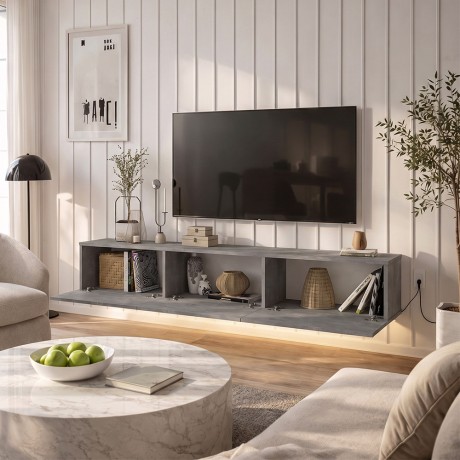 Damla Megapap melamine wall TV cabinet with LED lighting in concrete grey color 180x29.5x29.5cm.