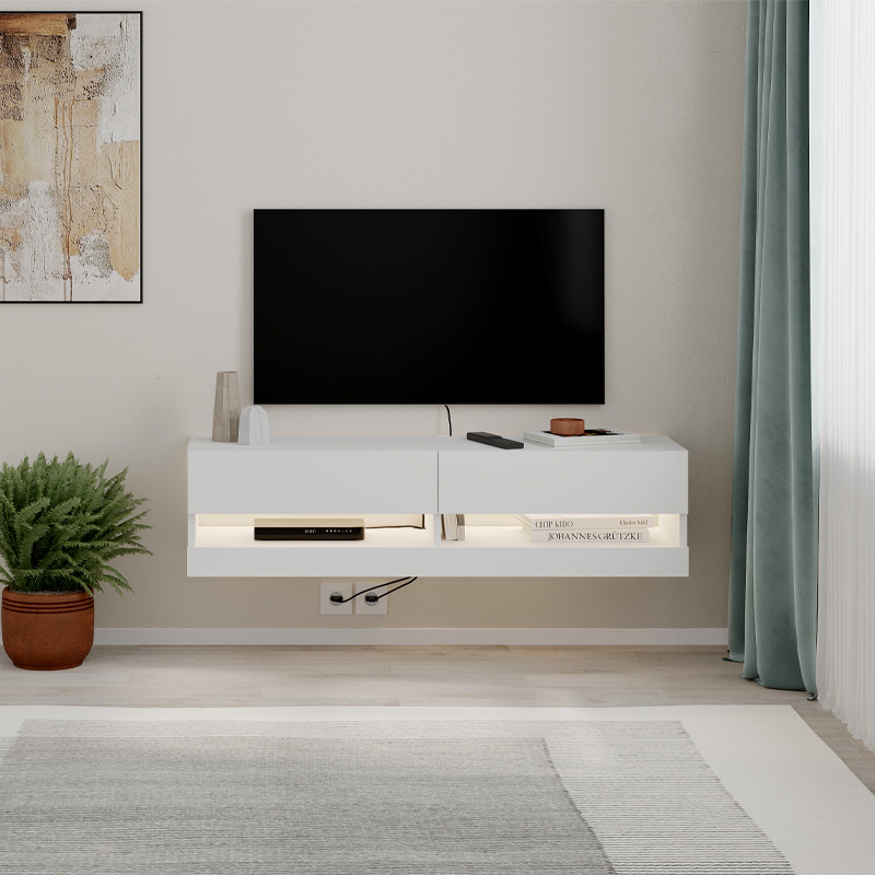 Moon Megapap melamine wall mounted tv stand with Led in white color 120x33.8x30cm.