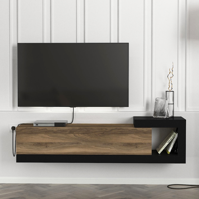Volare Megapap melamine wall TV cabinet  in walnut - black color 150x29,6x38,6cm.