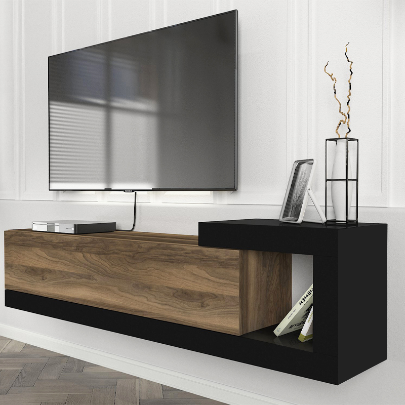 Volare Megapap melamine wall TV cabinet  in walnut - black color 150x29,6x38,6cm.