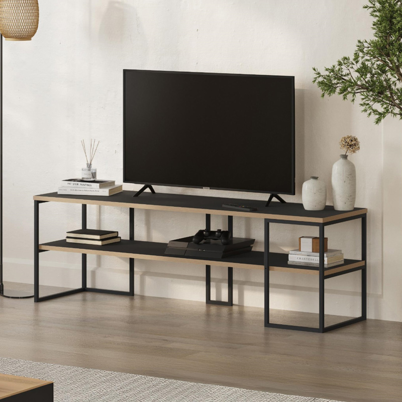 Friday Megapap melamine TV stand in black wood color 140x37x45cm.