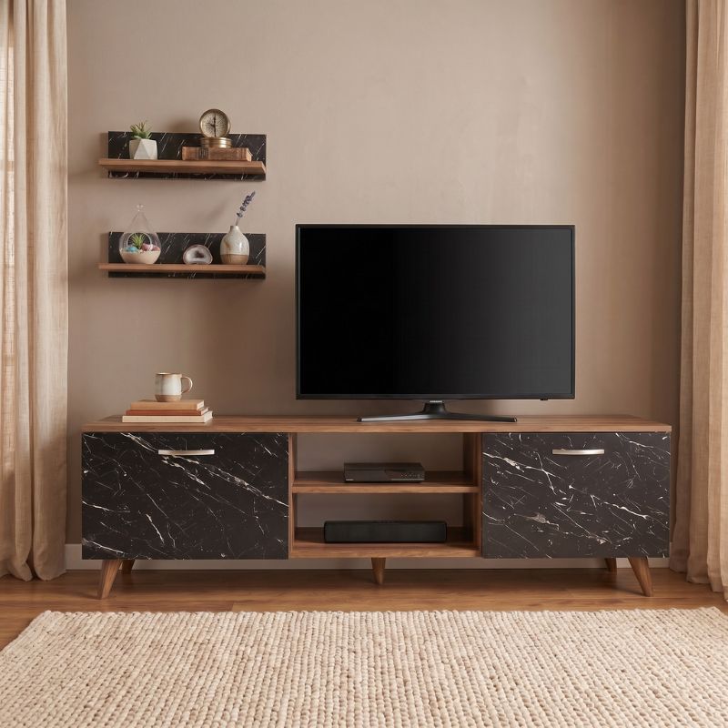 Geacles Megapap melamine tv stand in walnut - black marble effect color 180x40x50cm.