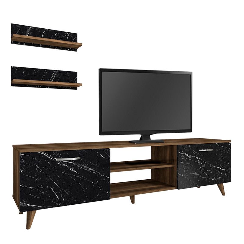 Geacles Megapap melamine tv stand in walnut - black marble effect color 180x40x50cm.