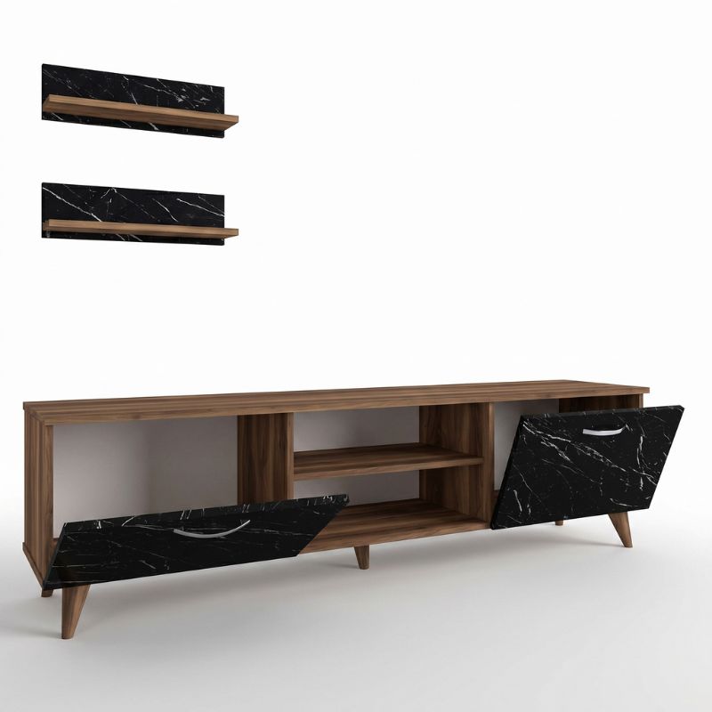 Geacles Megapap melamine tv stand in walnut - black marble effect color 180x40x50cm.