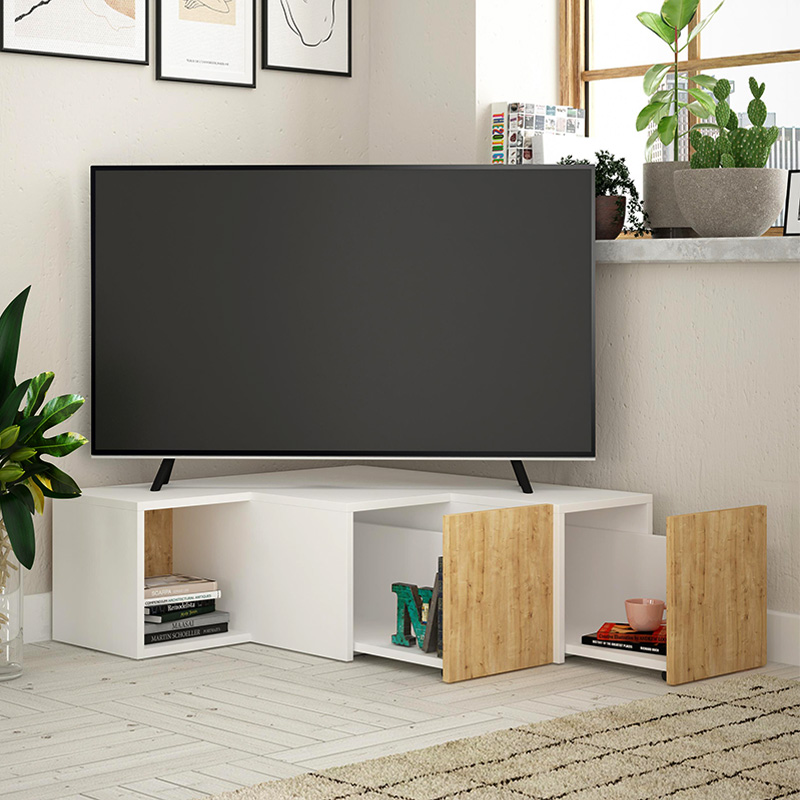 Έπιπλο τηλεόρασης γωνιακό Compact Megapap χρώμα λευκό - φυσικό οξιάς 94,2x90,6x31,4εκ.