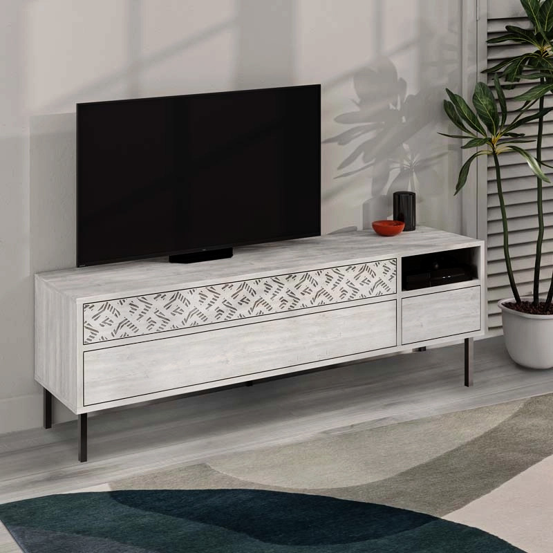 Έπιπλο τηλεόρασης Heaton Megapap χρώμα λευκό αντικέ 144,6x35,6x48,4εκ.