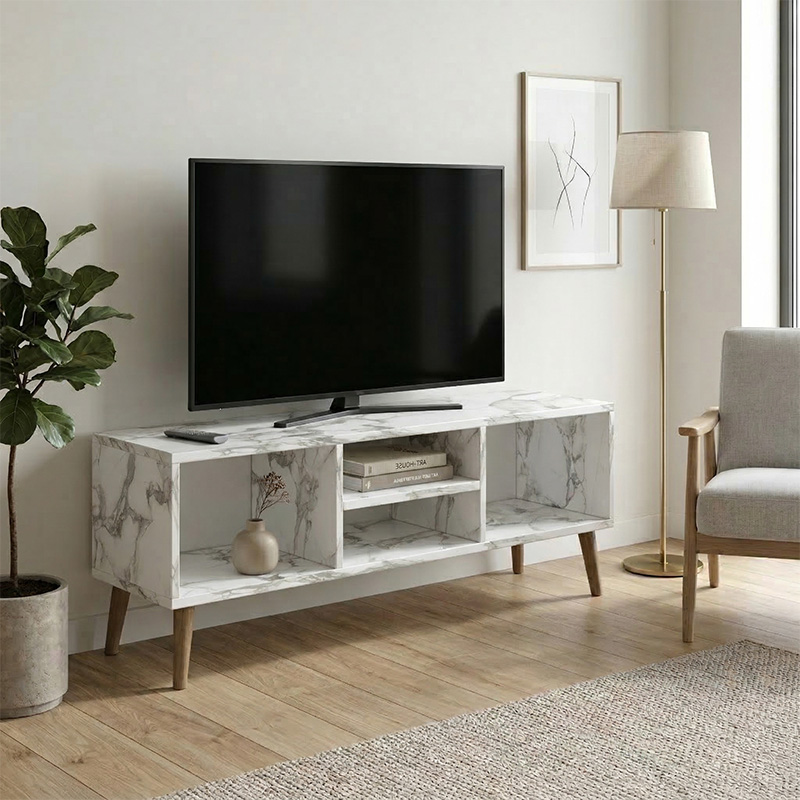 Loren Megapap melamine tv furniture in white marble effect color 120x30x40cm.