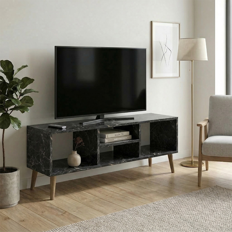 Loren Megapap melamine tv furniture in black marble effect color 120x30x40cm.