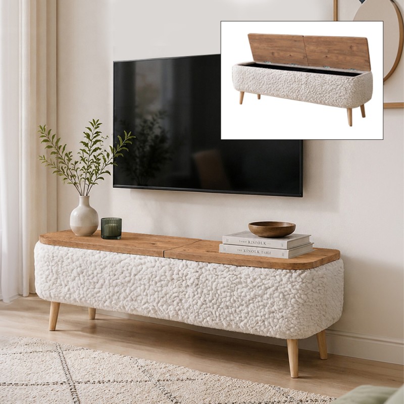 Luno Megapap melamine - teddy fabric tv stand in white - pine oak color 120x30x45cm.