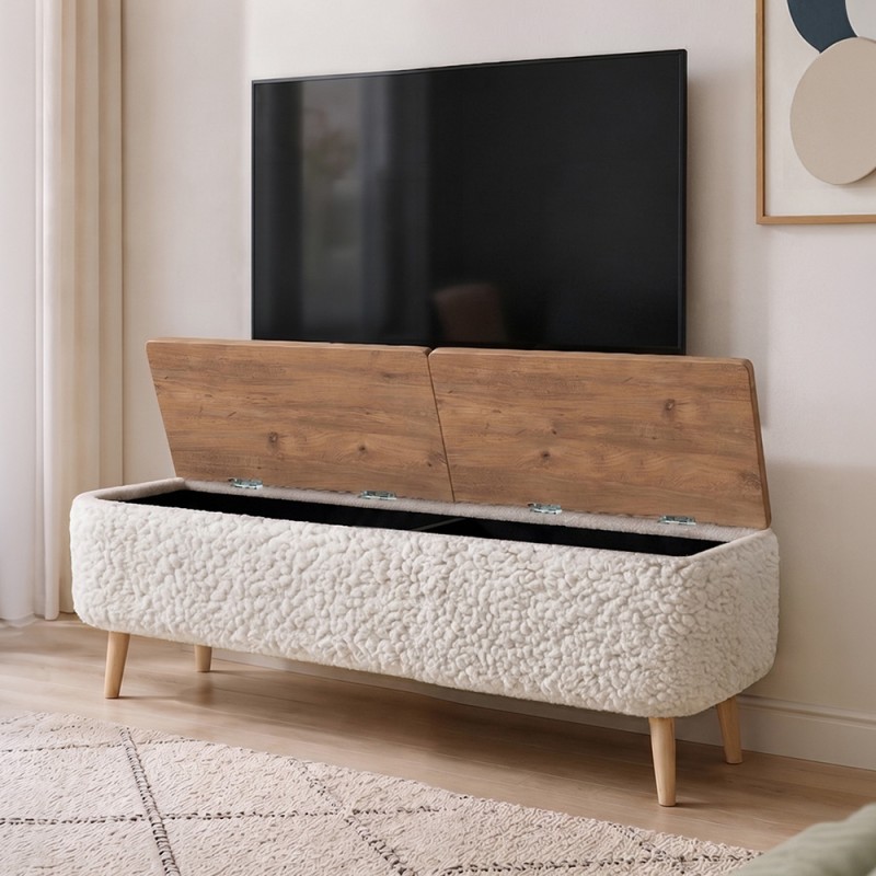 Luno Megapap melamine - teddy fabric tv stand in white - pine oak color 120x30x45cm.