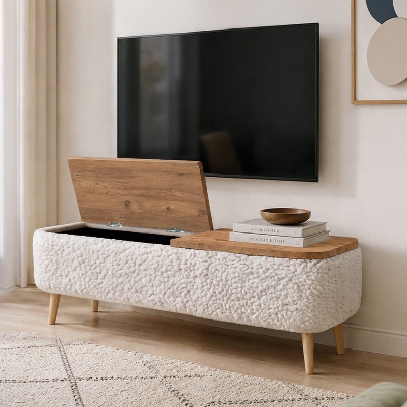 Luno Megapap melamine - teddy fabric tv stand in white - pine oak color 120x30x45cm.