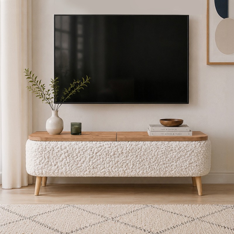 Luno Megapap melamine - teddy fabric tv stand in white - pine oak color 120x30x45cm.