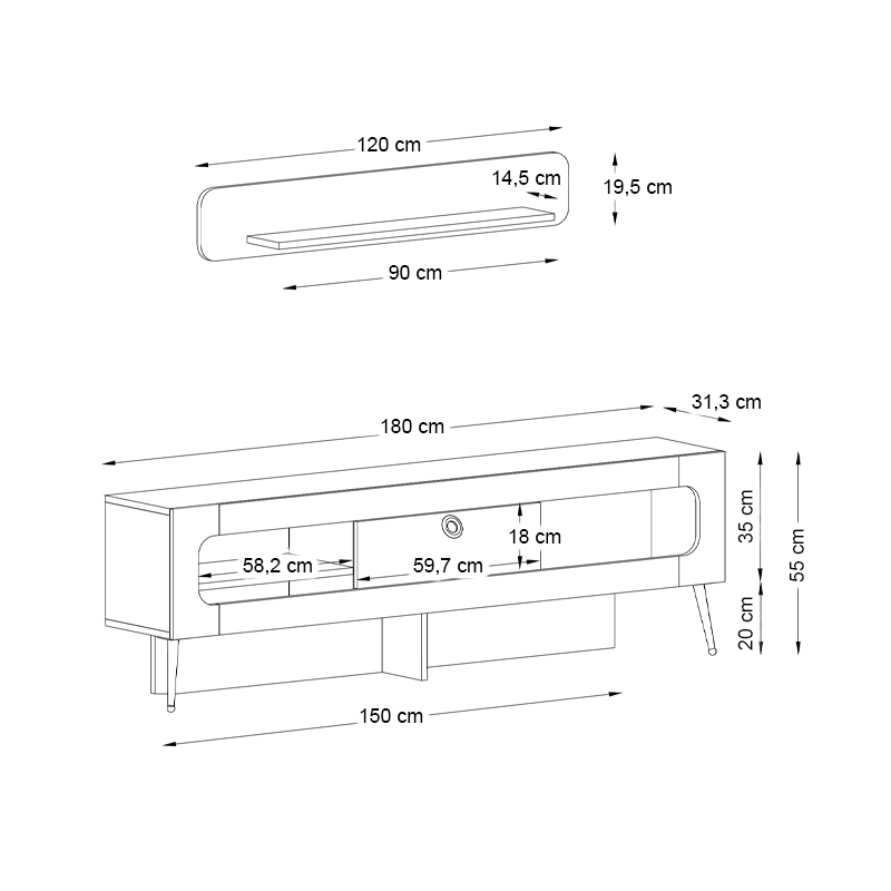Έπιπλο τηλεόρασης Miladra Megapap χρώμα μαύρο rebab - λαδί 180x31x55εκ.