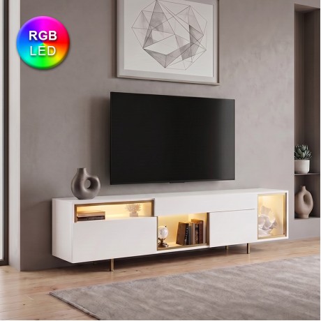 Norm Megapap melamine TV stand with Rgb Led  in white - gold color 180x32x55cm.