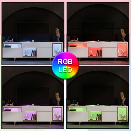 Norm Megapap melamine TV stand with Rgb Led  in white - gold color 180x32x55cm.