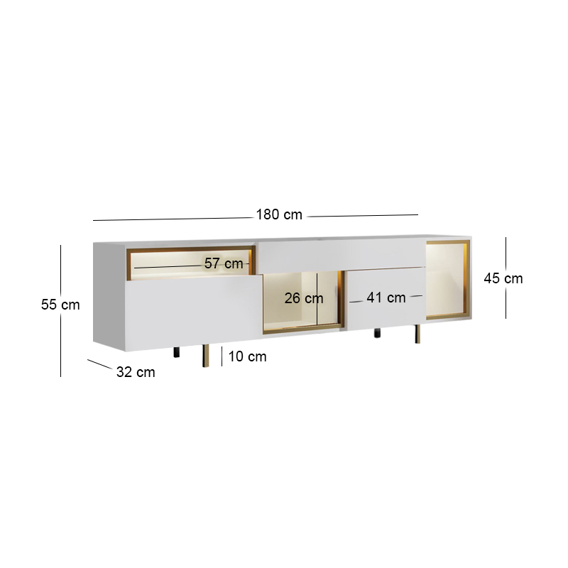 Norm Megapap melamine TV stand with Rgb Led  in white - gold color 180x32x55cm.