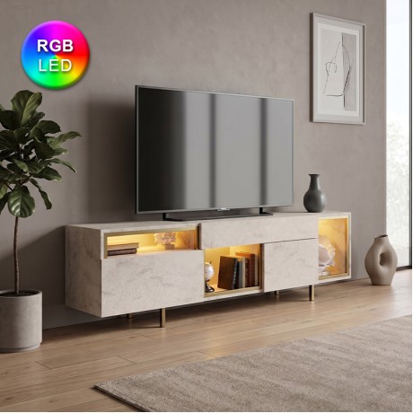 Norm Megapap melamine TV stand with Rgb Led  in travertine - gold color 180x32x55cm.