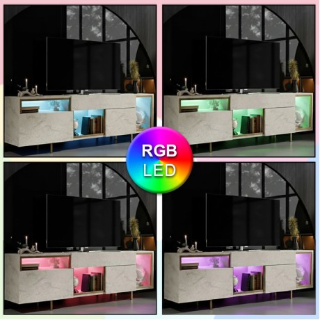 Norm Megapap melamine TV stand with Rgb Led  in travertine - gold color 180x32x55cm.
