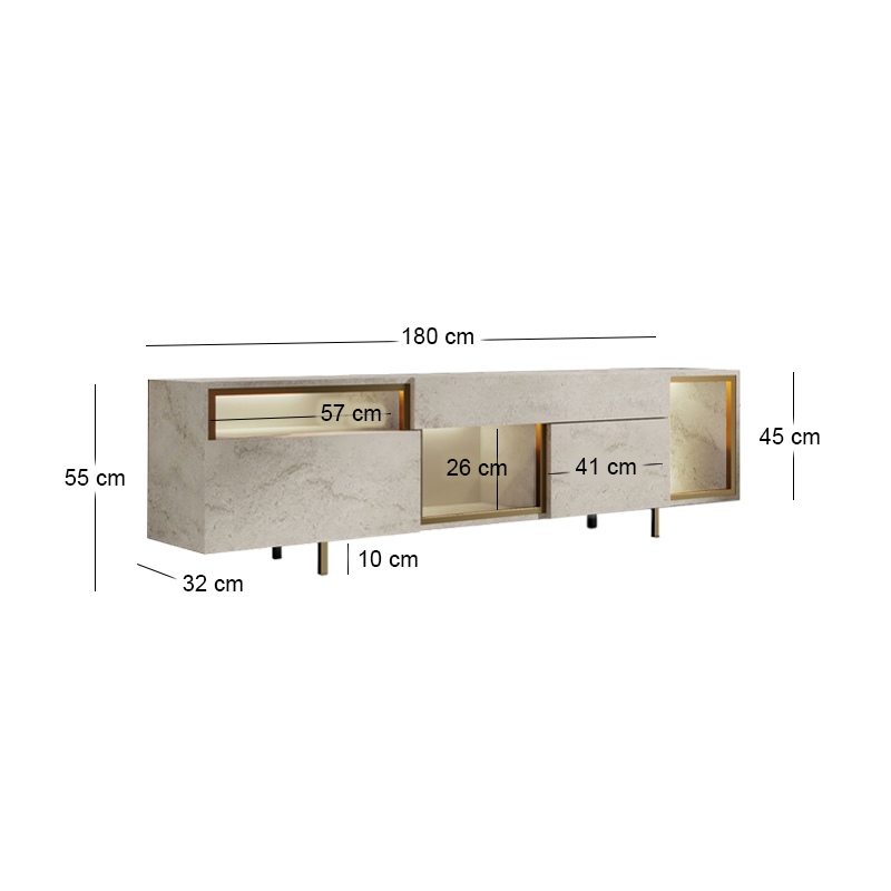 Έπιπλο τηλεόρασης Norm Megapap με Led Rgb χρώμα travertine - χρυσό 180x32x55εκ.