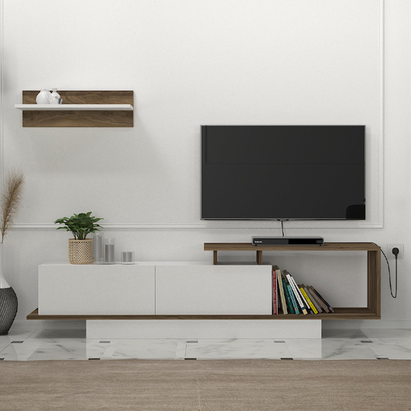 Novara Megapap melamine TV stand in white - walnut color 180x29,6x45cm.