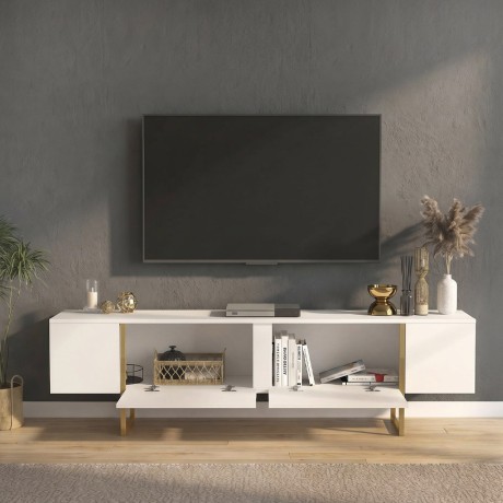 Έπιπλο τηλεόρασης Orontes Megapap χρώμα λευκό - χρυσό 180x29,6x50εκ.