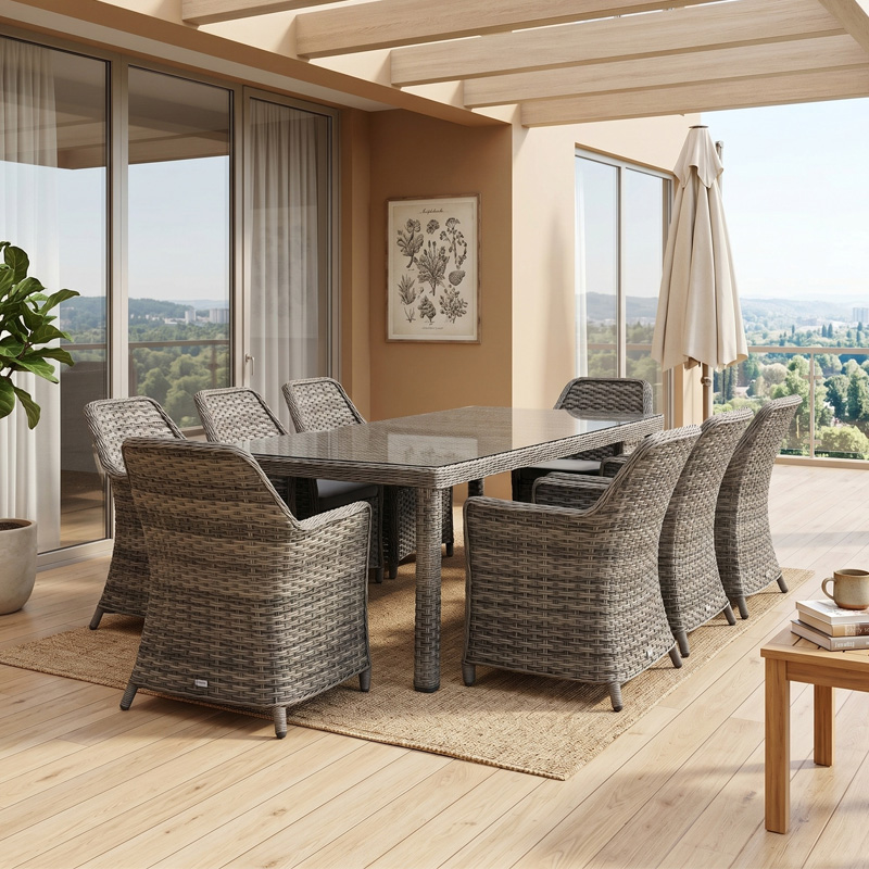 ESPERIA Set Τραπεζαρία Κήπου ALU,Wicker Grey Brown-Ανθρακί: Τραπέζι 230x100 + 8 Πολυθρόνες