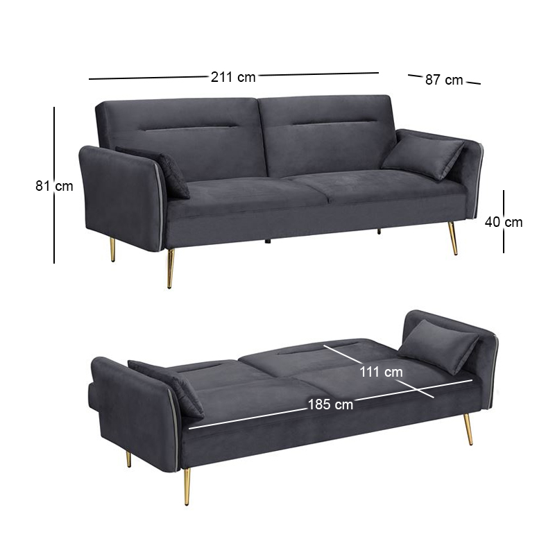 FLICK Sofa-Bed 3-Seater / Velure Grey Fabric