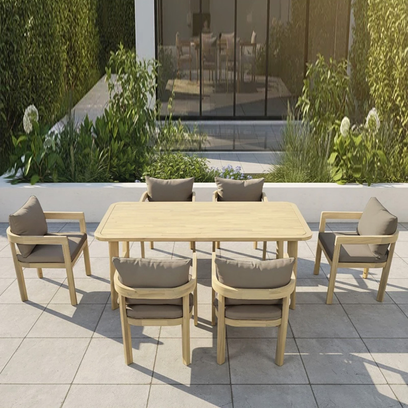 FLORIDA Dining Set (Table 180x90cm+6 Armchairs) Acacia, Cushions Cappuccino