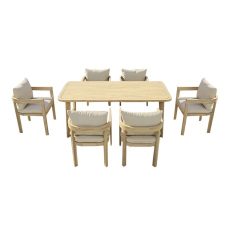 FLORIDA Dining Set (Table 180x90cm+6 Armchairs) Acacia, Cushions Beige