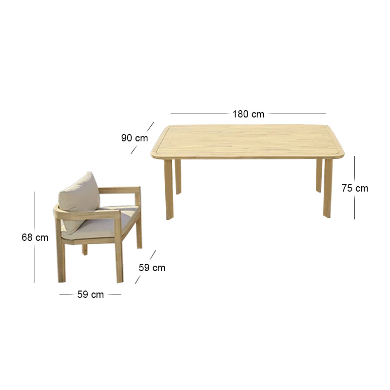 FLORIDA Dining Set (Table 180x90cm+6 Armchairs) Acacia, Cushions Beige