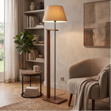 Moris Megapap MDF - fabric PVC floor lamp in walnut - beige color Φ38x150εκ.