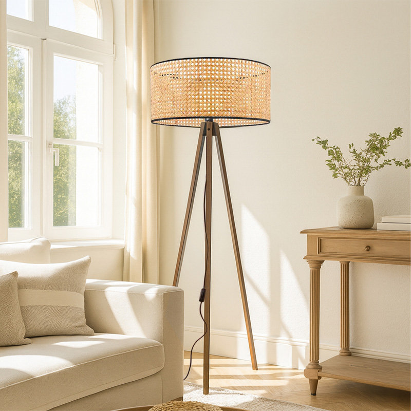 Rivo Megapap E27 wood - rattan  floor lamp in natural color Ø38x140cm.