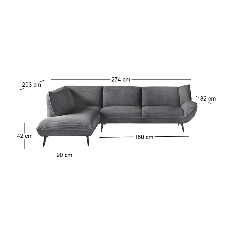 EMERALD Left Facing Corner Sofa Anthracite Corduroy Fabric