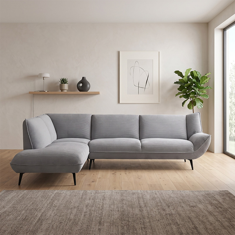 EMERALD Left Facing Corner Sofa Grey Corduroy Fabric