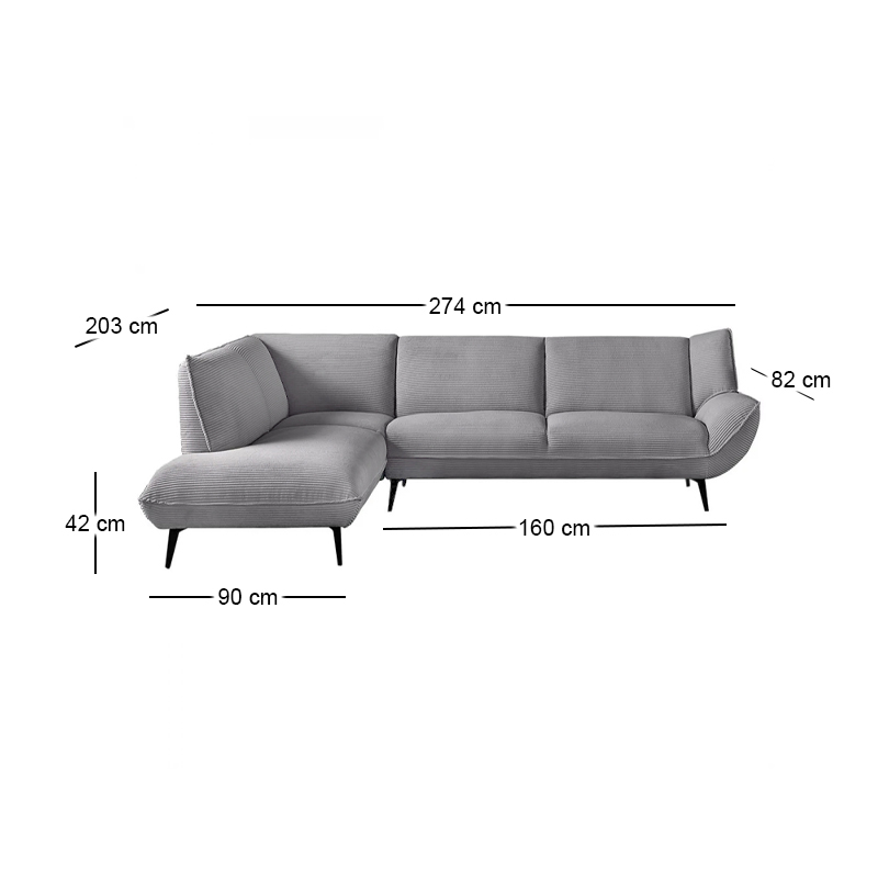 EMERALD Left Facing Corner Sofa Grey Corduroy Fabric