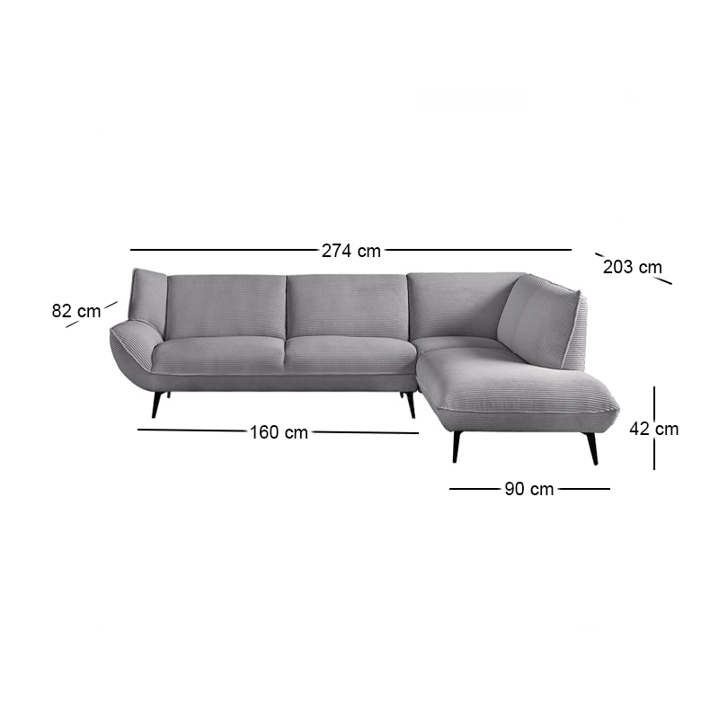EMERALD Right Facing Corner Sofa Grey Corduroy Fabric