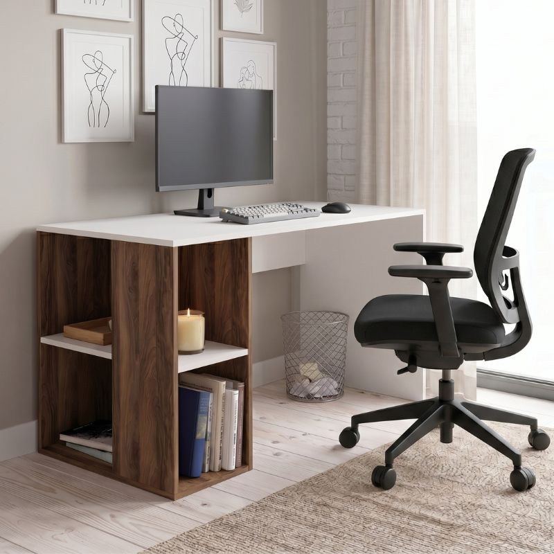 Coral Megapap melamine desk in white - walnut color 140x60x75cm.