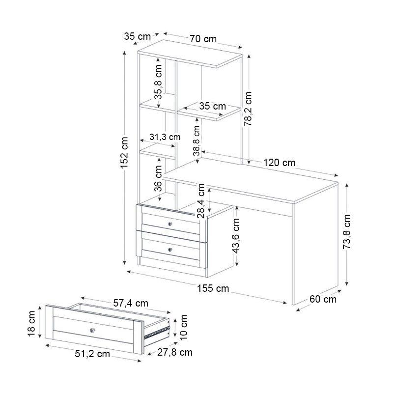 Γραφείο εργασίας Mantra Megapap χρώμα λευκό 155x60x152εκ.
