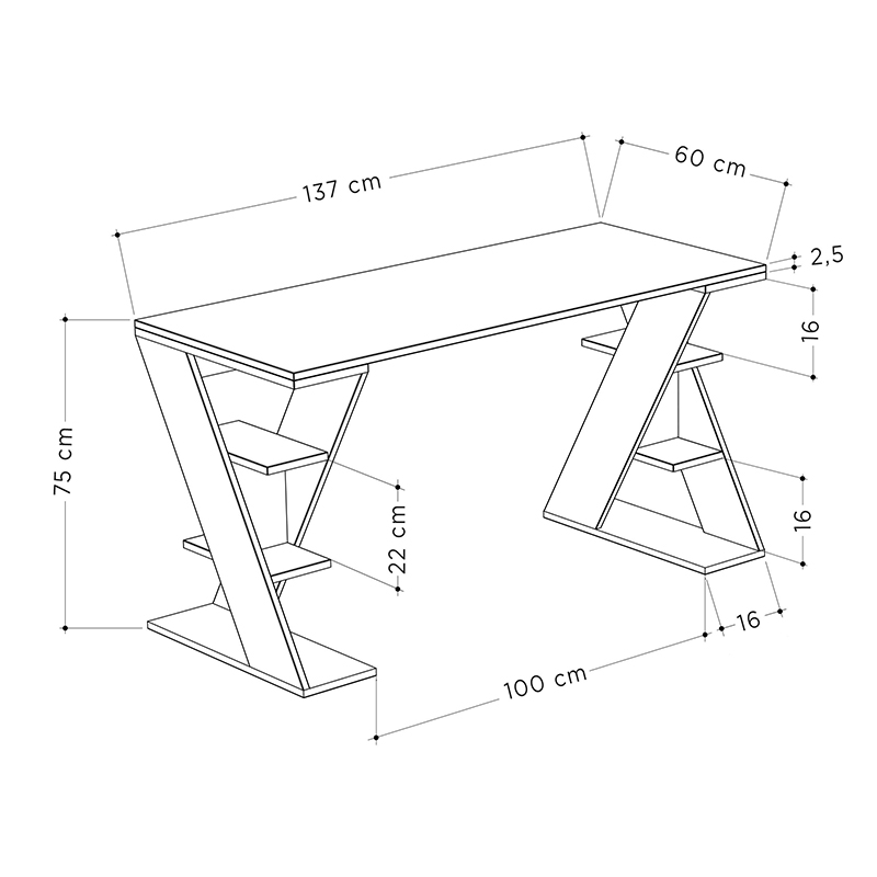 Papillon Megapap melamine working desk in sapphire oak - white color 137x60x75cm.