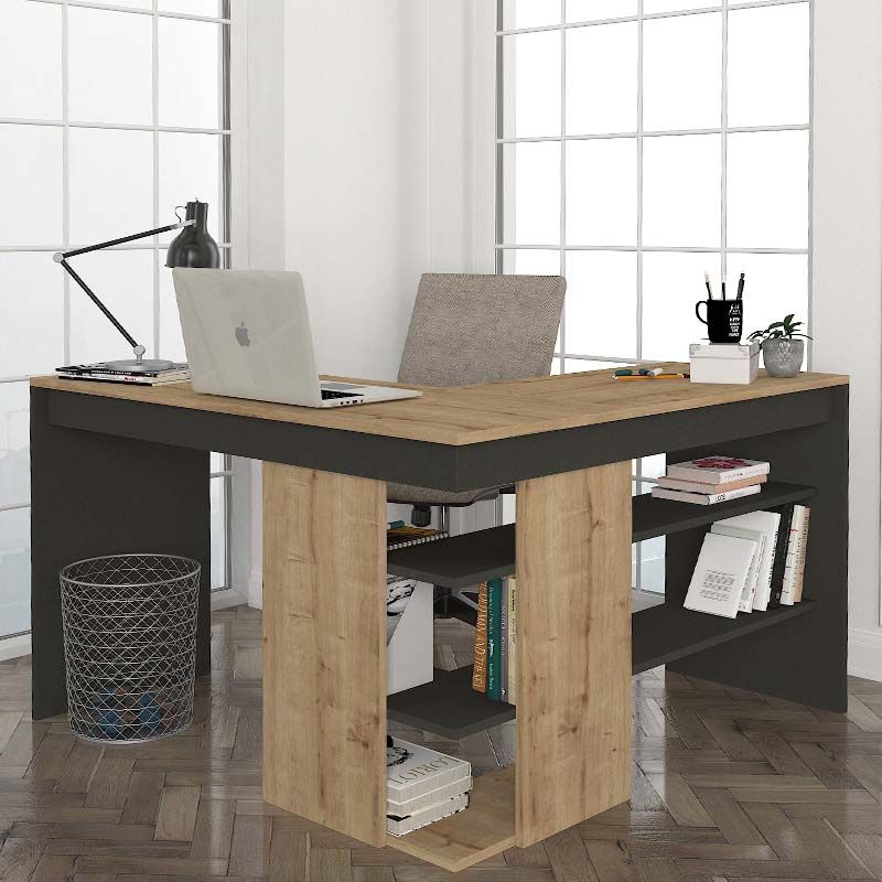 Γραφείο εργασίας Stylo Megapap χρώμα sapphire oak -  ανθρακί 120x120x73,8εκ.