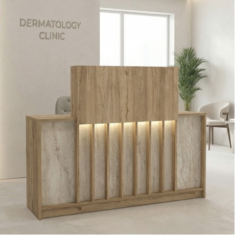 Davis Megapap melamine welcome desk - reception with LED in sepet oak - travertine color 150x41.8x115cm.