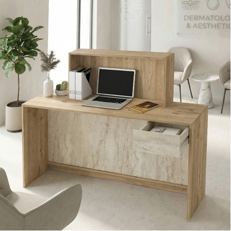Davis Megapap melamine welcome desk - reception with LED in sepet oak - travertine color 150x41.8x115cm.